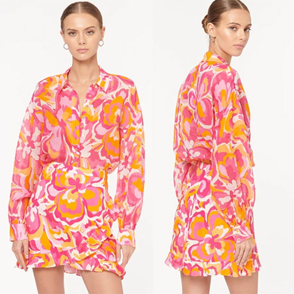 NWT Cami NYC Mika Ruffled Linen Retro Floral Pink and Orange Mini Skirt - Picture 1 of 8
